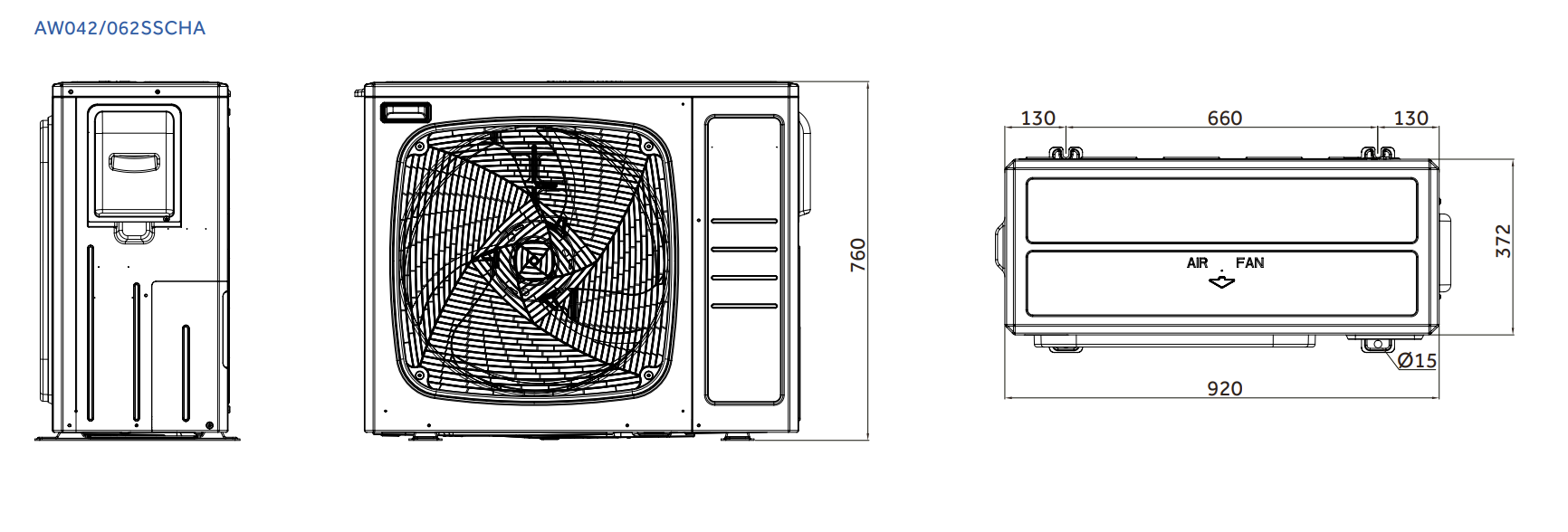 Wymiary jednostki zewnętrznej pompy ciepła Haier AW042 i AW062 (materiał ze strony producenta)